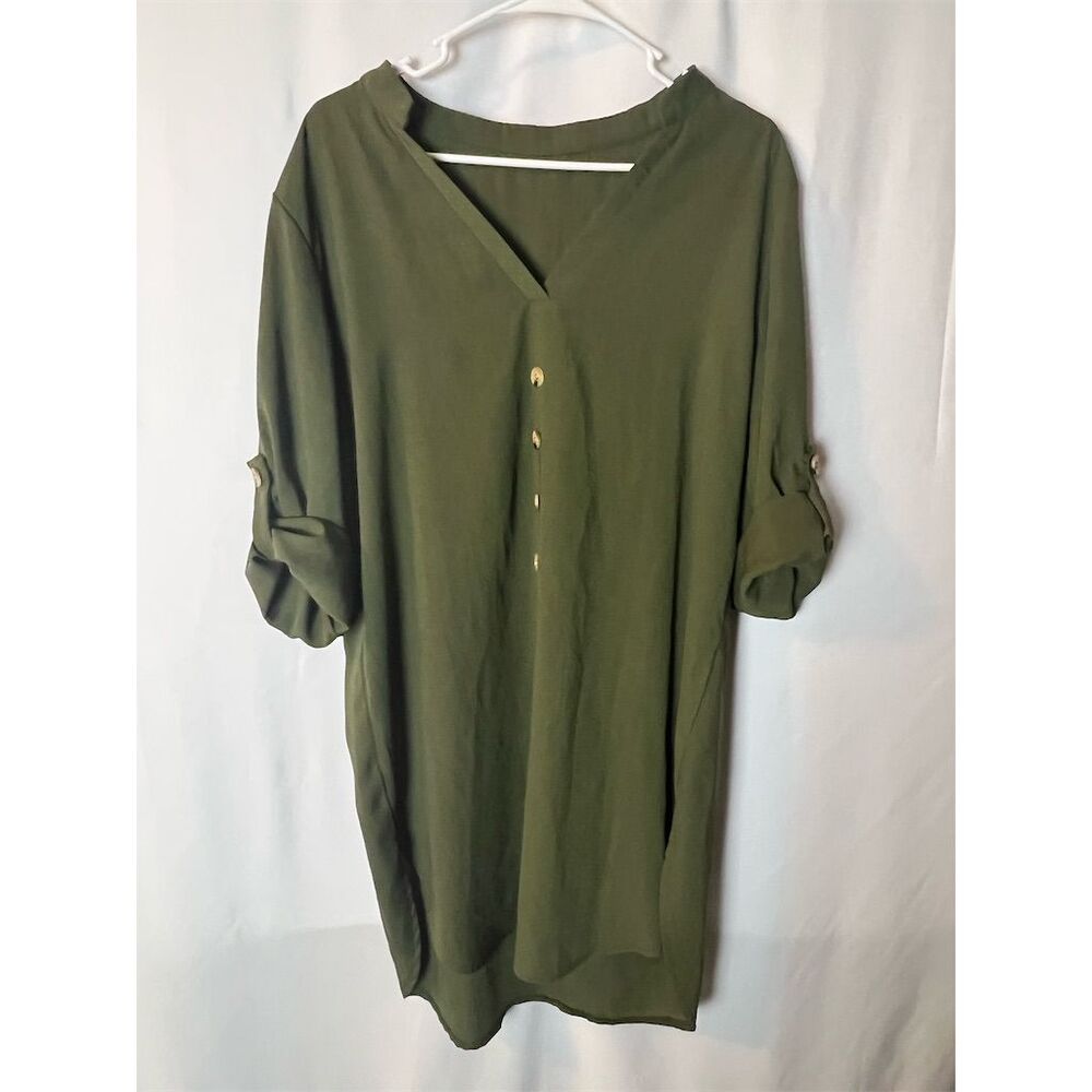 Zizzi Women's Standard Size M Olive Green V-Neck Button-Down Tunic Dress Casual